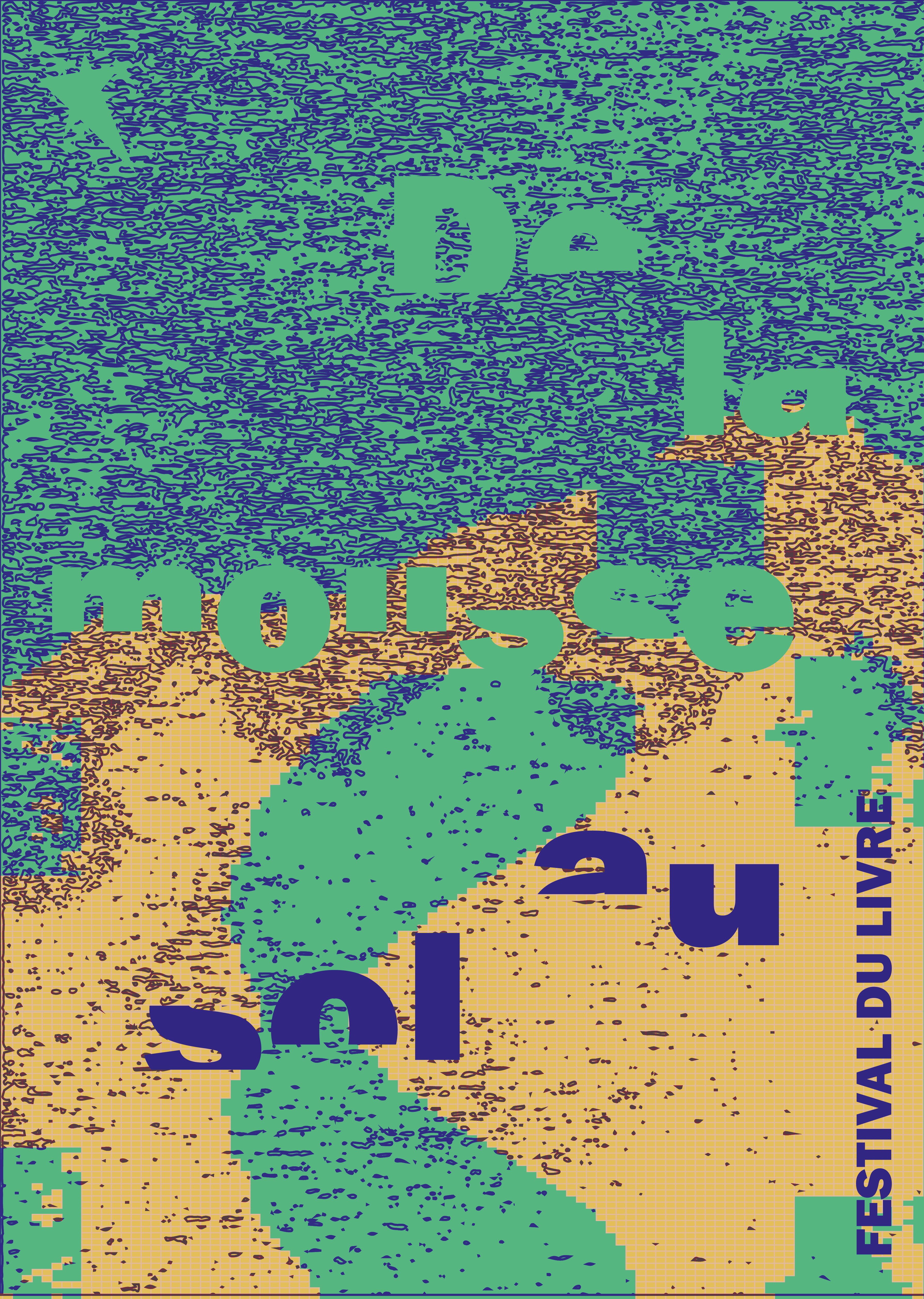 Affiche pour un festival du livre imaginaire jouant sur l'effacement du titre et des trames. Version turquoise et bleu foncé